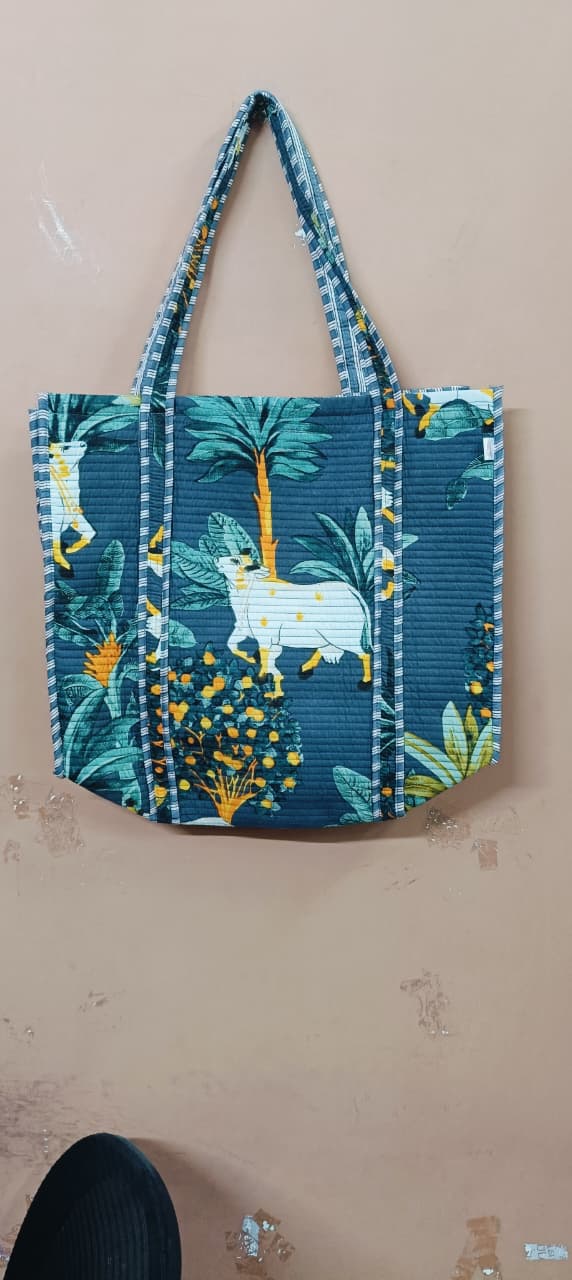 Handblock Printed Quilted Tote Bag without zip/button 17x18x 6 inches