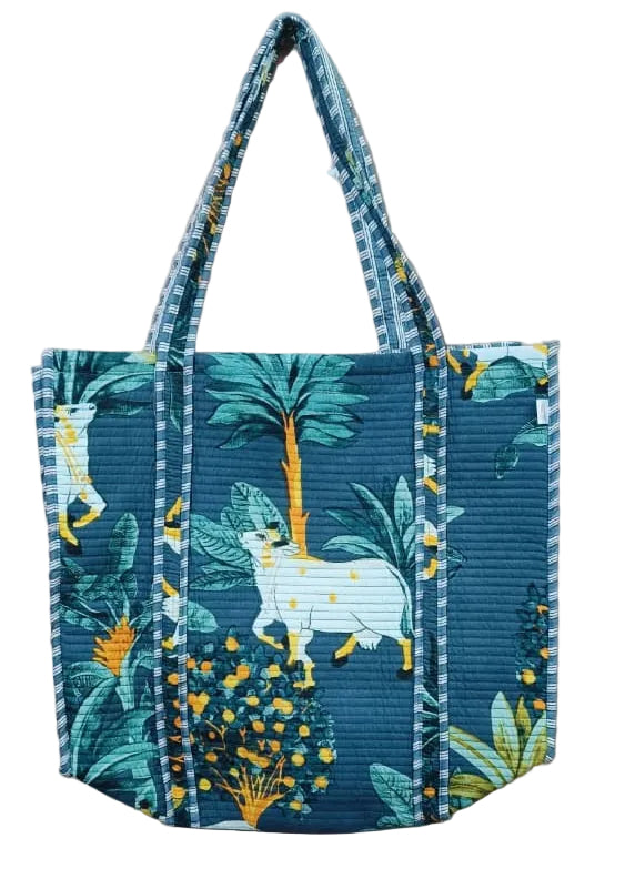Handblock Printed Quilted Tote Bag without zip/button 17x18x 6 inches