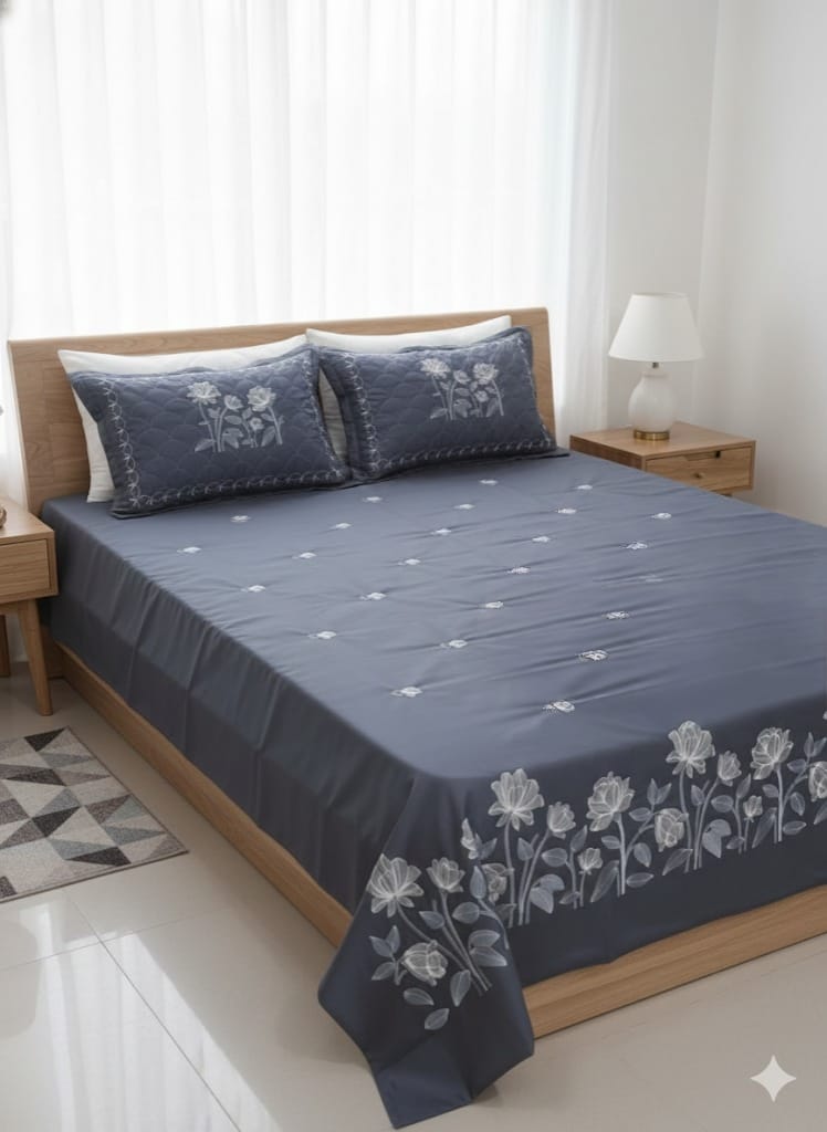 Embroidered Bedsheet Set with 2 Quilted Pillow Covers (108 × 108)