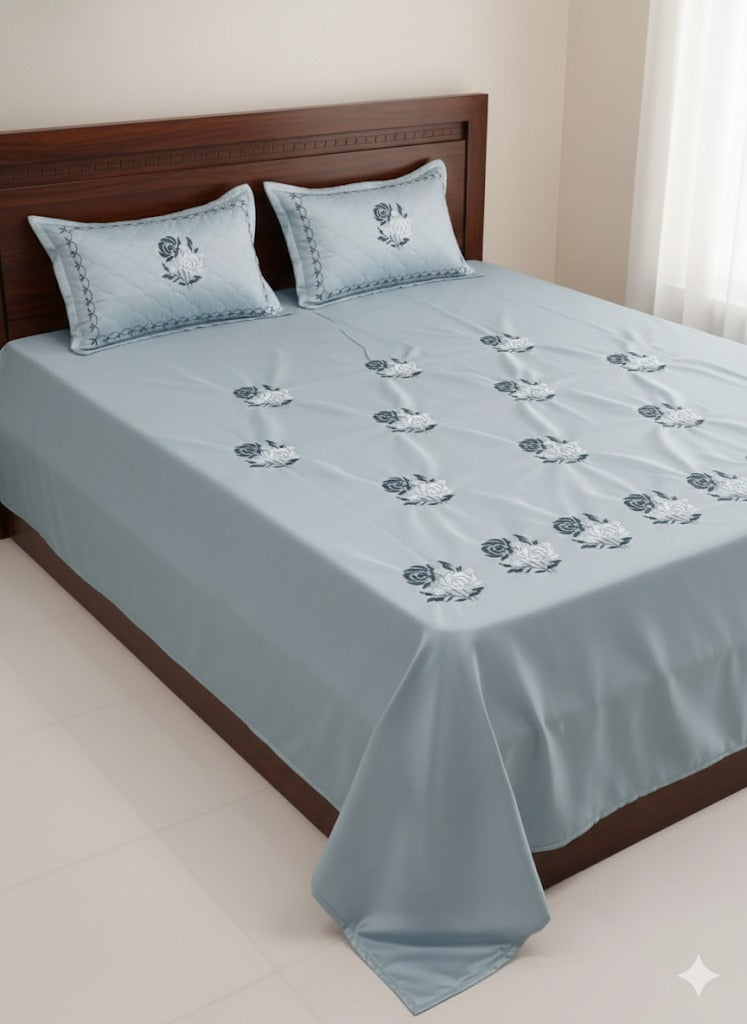 Embroidered Bedsheet Set with 2 Quilted Pillow Covers (108 × 108)