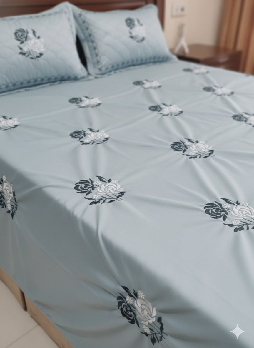 Embroidered Bedsheet Set with 2 Quilted Pillow Covers (108 × 108)