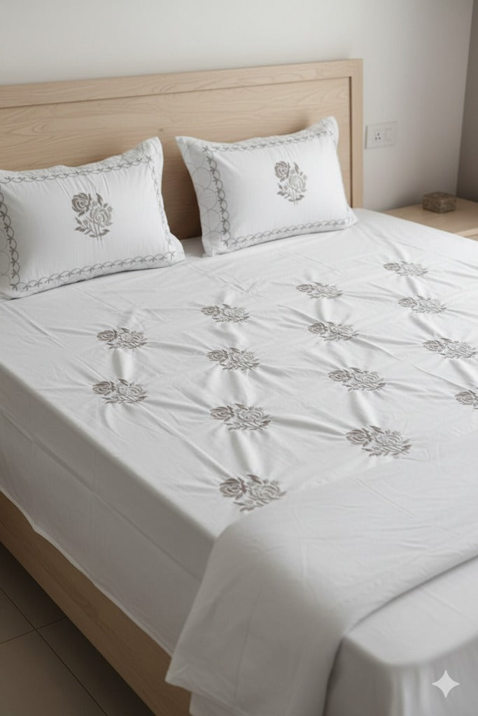 Embroidered Bedsheet Set with 2 Quilted Pillow Covers (108 × 108)