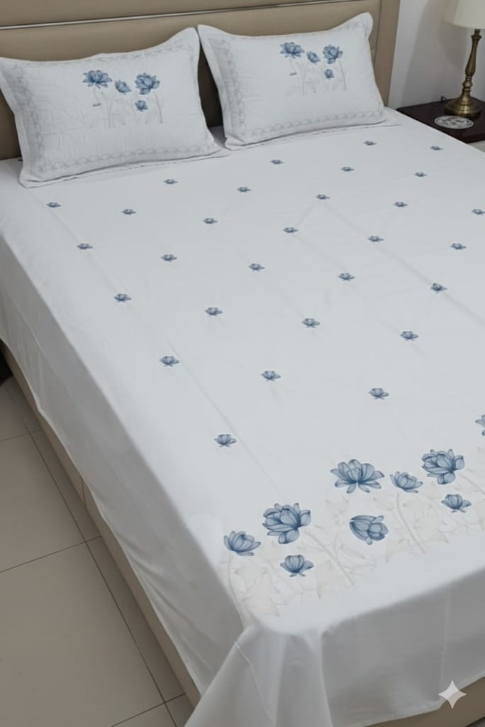 Embroidered Bedsheet Set with 2 Quilted Pillow Covers (108 × 108)