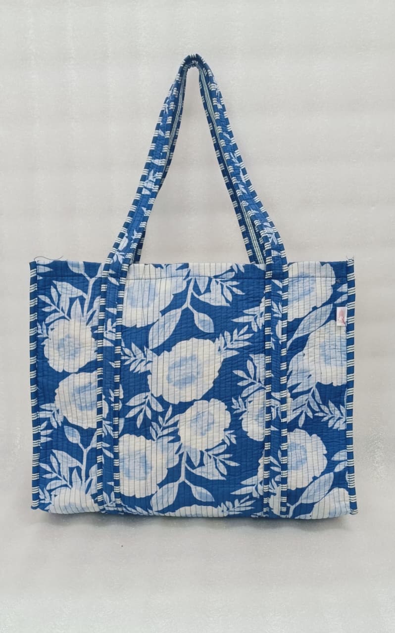 Handblock Printed Quilted Tote Bag without zip/button 17x18x 6 inches