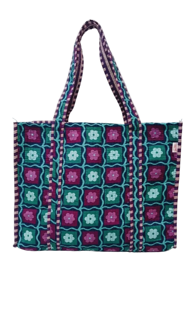 Handblock Printed Quilted Tote Bag without zip/button 17x18x 6 inches