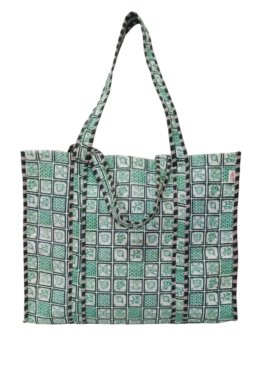 Handblock Printed Quilted Tote Bag without zip/button 17x18x 6 inches