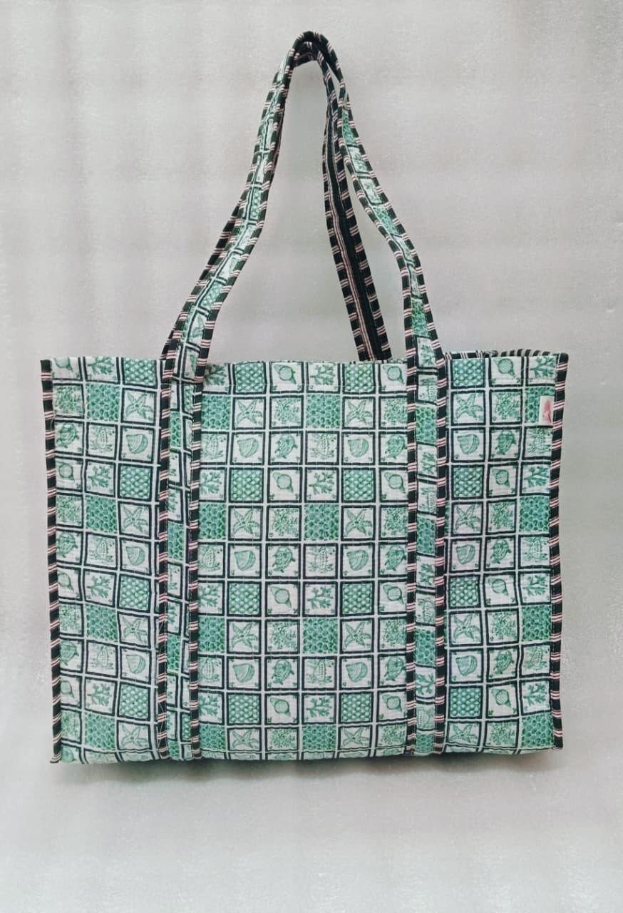 Handblock Printed Quilted Tote Bag without zip/button 17x18x 6 inches