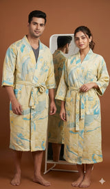 Unisex Marble Print Waffle Cotton Bathrobe- Free Size
