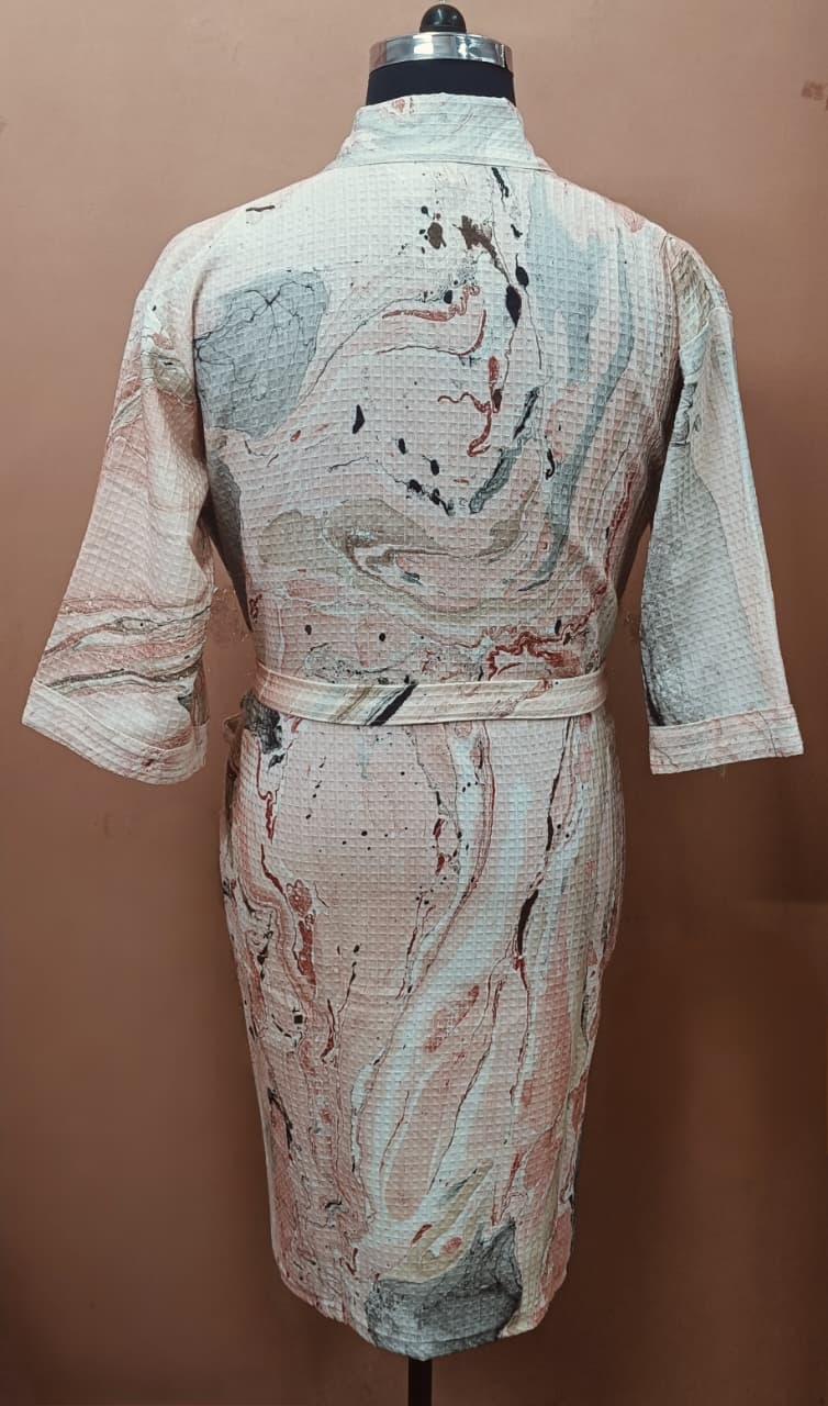 Unisex Marble Print Waffle Cotton Bathrobe- Free Size