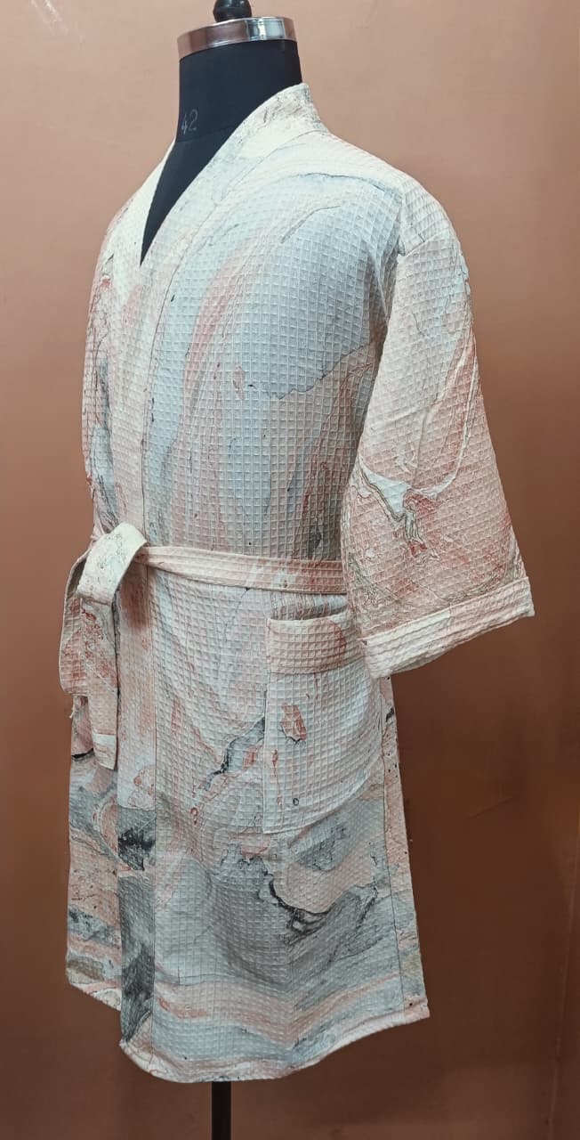 Unisex Marble Print Waffle Cotton Bathrobe- Free Size