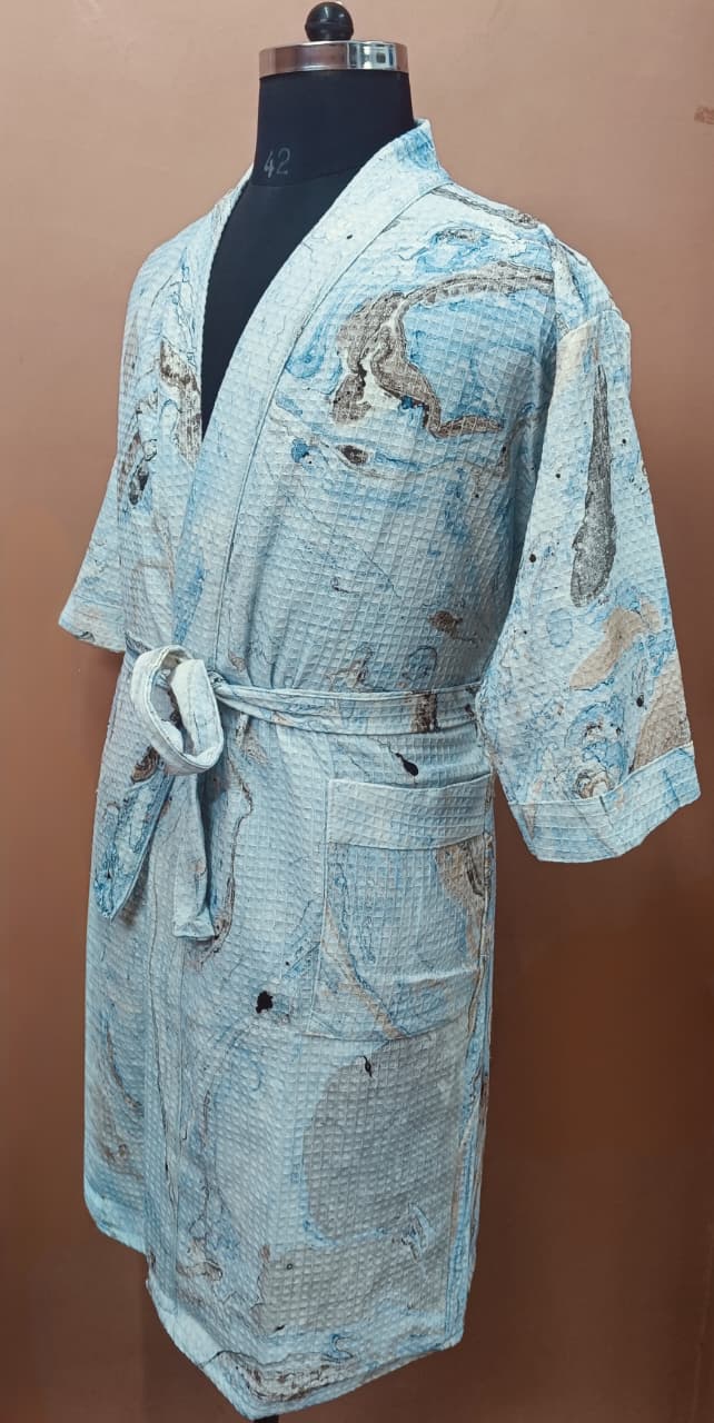 Unisex Marble Print Waffle Cotton Bathrobe- Free Size