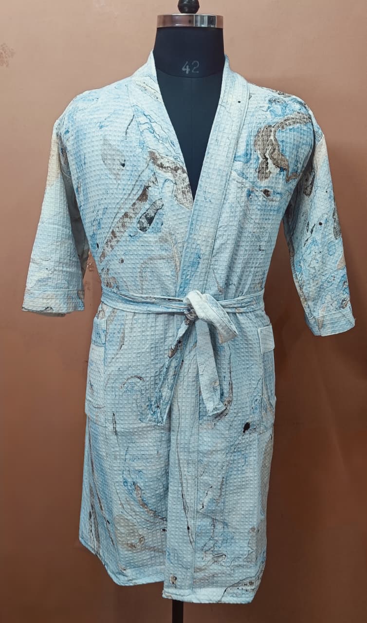 Unisex Marble Print Waffle Cotton Bathrobe- Free Size