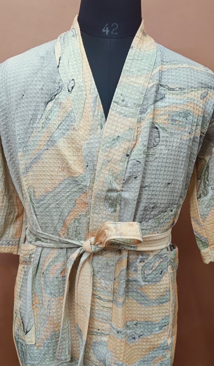 Unisex Marble Print Waffle Cotton Bathrobe- Free Size