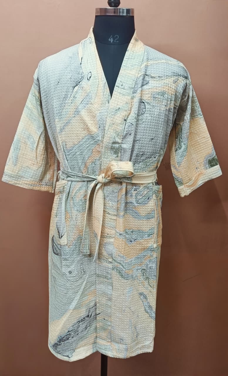 Unisex Marble Print Waffle Cotton Bathrobe- Free Size