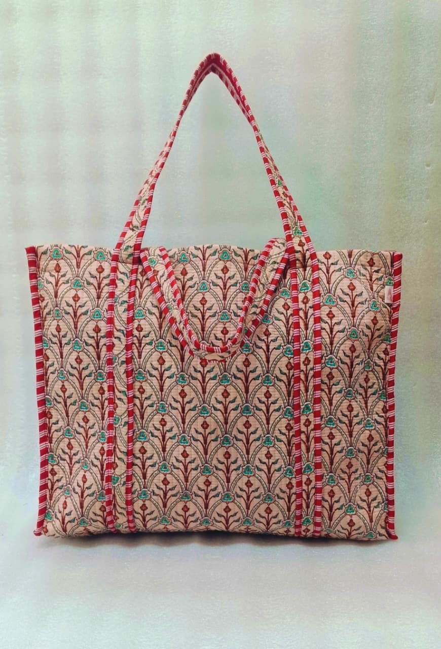 Handblock Printed Quilted Tote Bag without zip/button 17x18x 6 inches