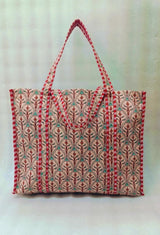 Handblock Printed Quilted Tote Bag without zip/button 17x18x 6 inches