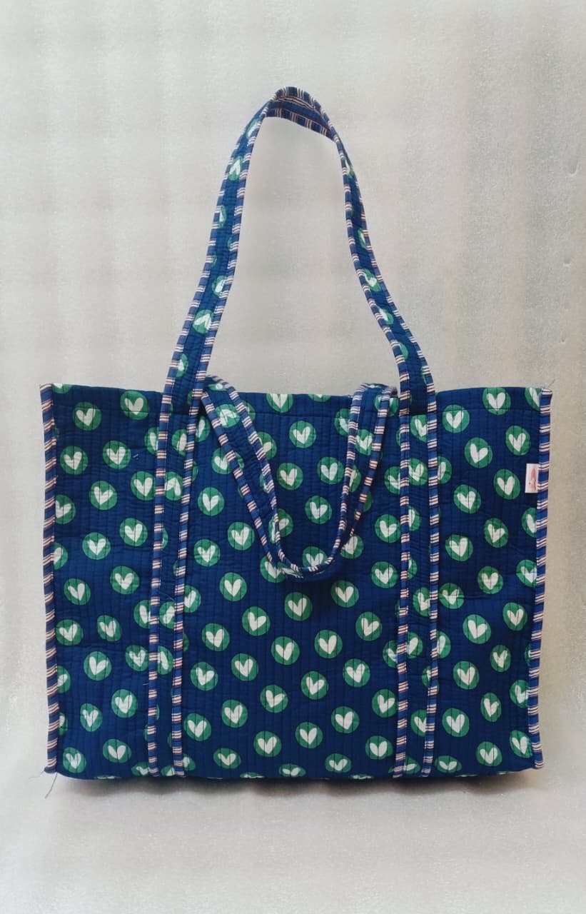 Handblock Printed Quilted Tote Bag without zip/button 17x18x 6 inches