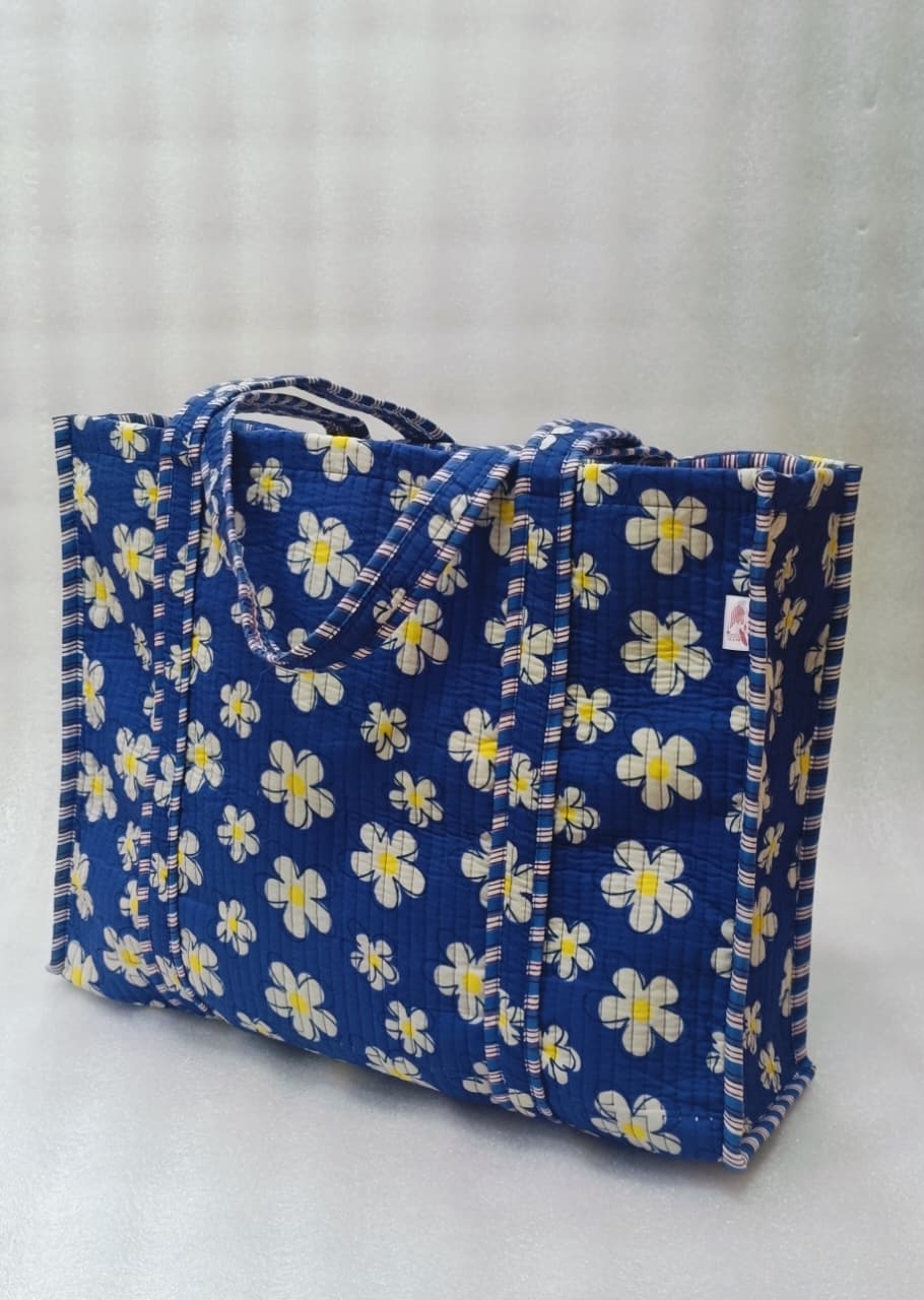 Handblock Printed Quilted Tote Bag without zip/button 17x18x 6 inches
