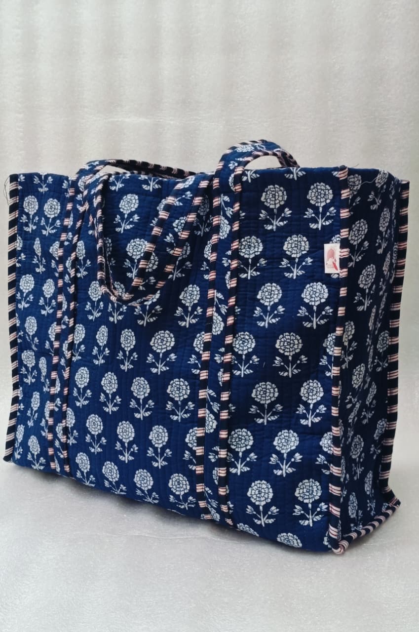 Handblock Printed Quilted Tote Bag without zip/button 17x18x 6 inches