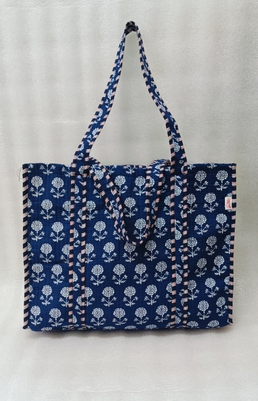 Handblock Printed Quilted Tote Bag without zip/button 17x18x 6 inches