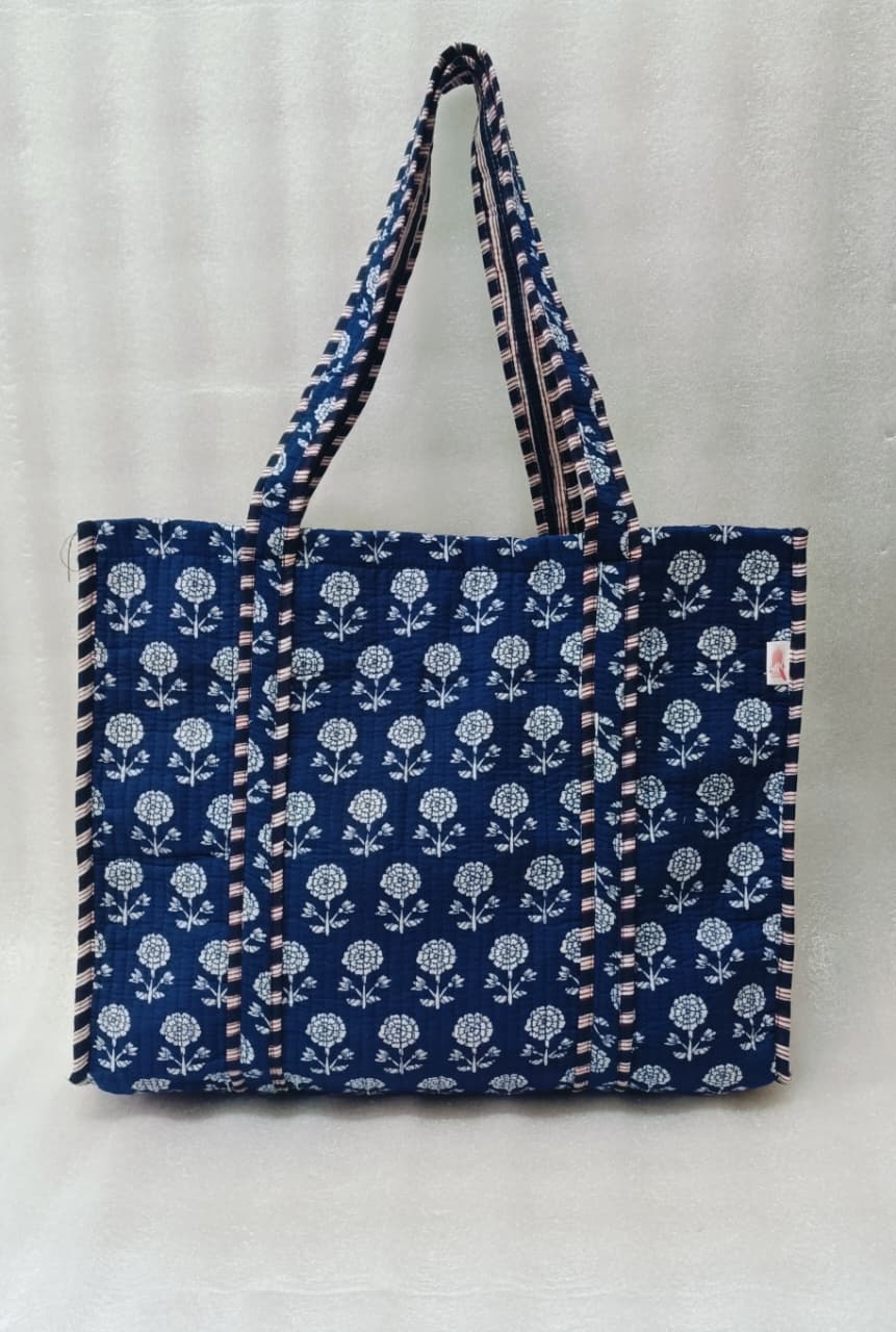Handblock Printed Quilted Tote Bag without zip/button 17x18x 6 inches