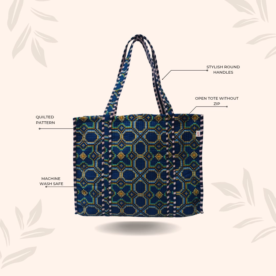 Handblock Printed Quilted Tote Bag without zip/button 17x18x 6 inches