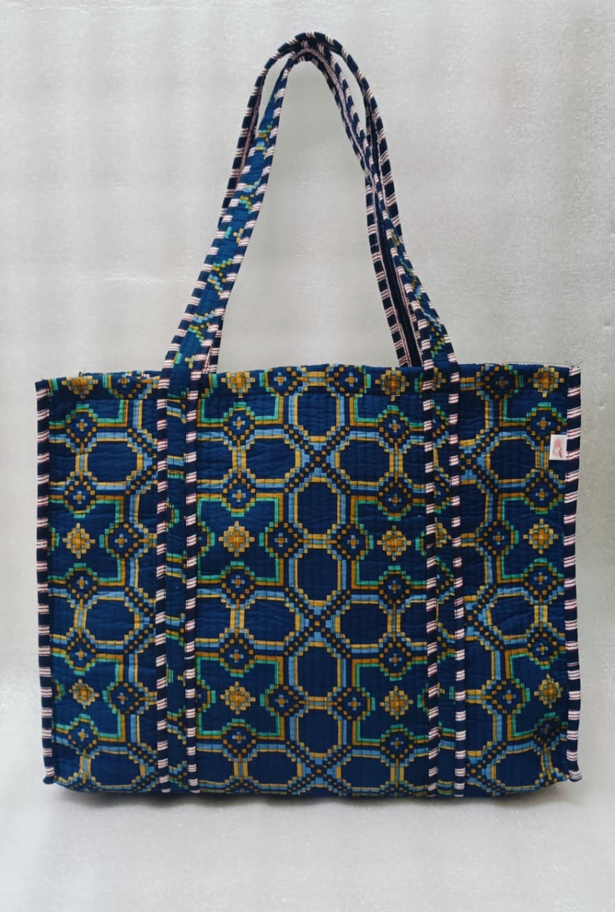 Handblock Printed Quilted Tote Bag without zip/button 17x18x 6 inches