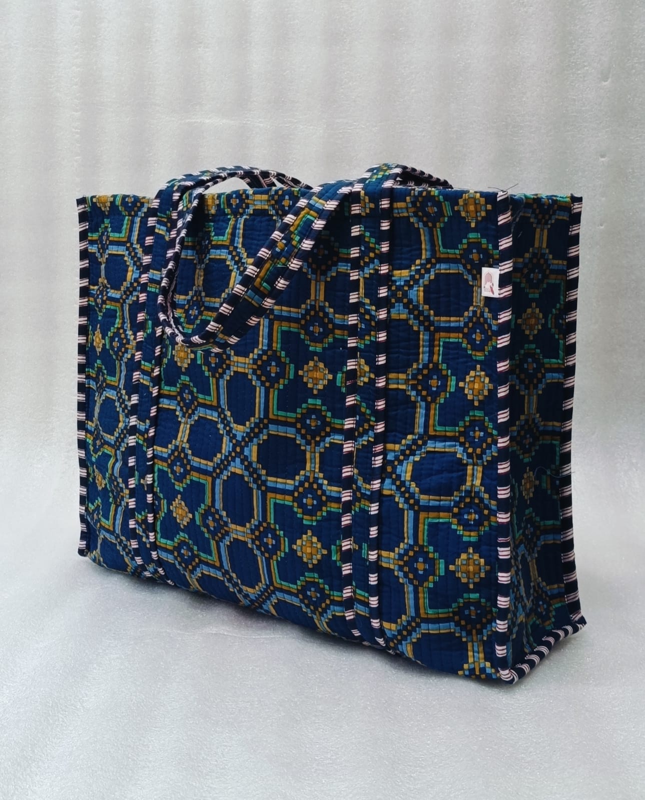 Handblock Printed Quilted Tote Bag without zip/button 17x18x 6 inches