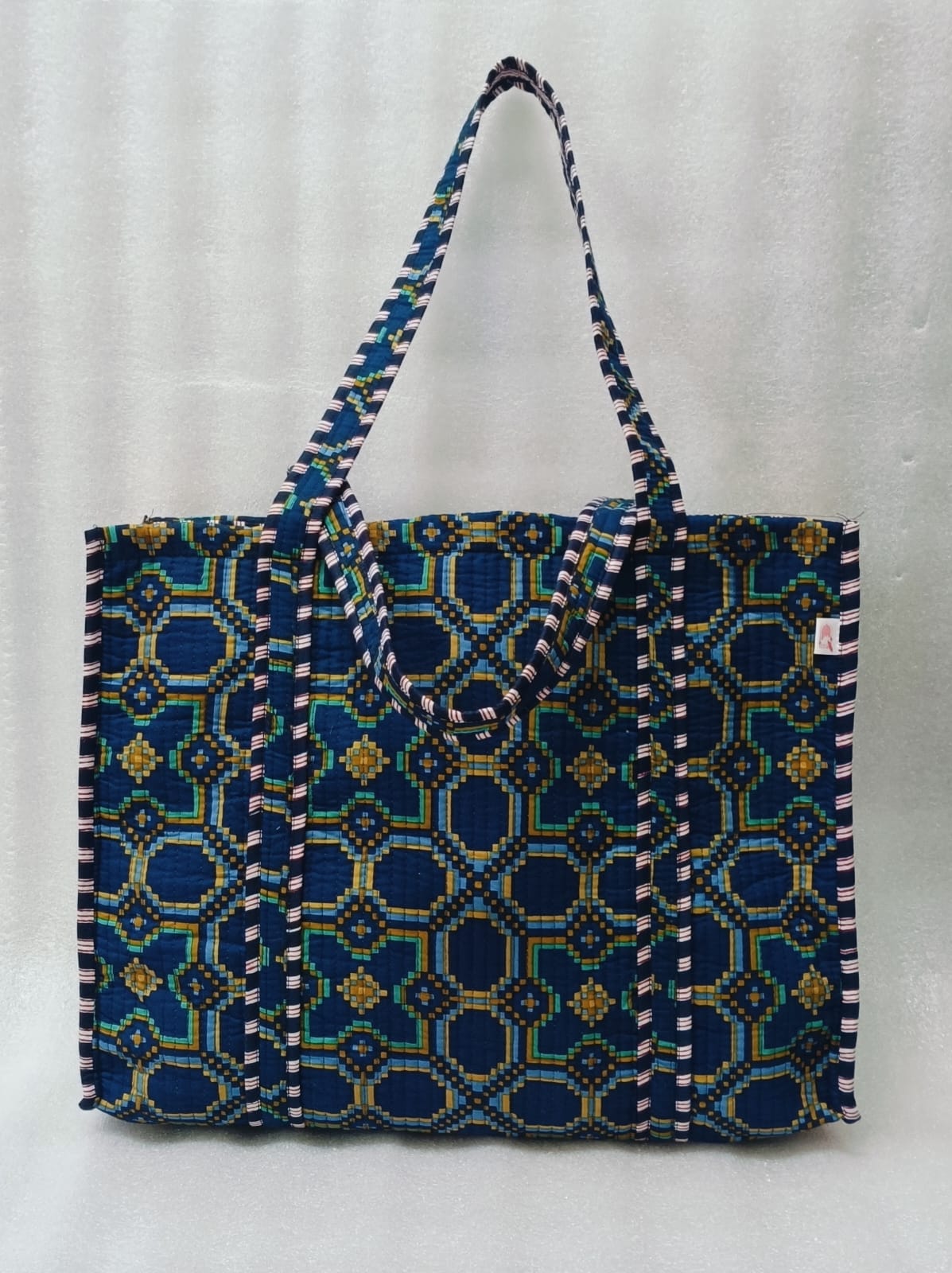 Handblock Printed Quilted Tote Bag without zip/button 17x18x 6 inches