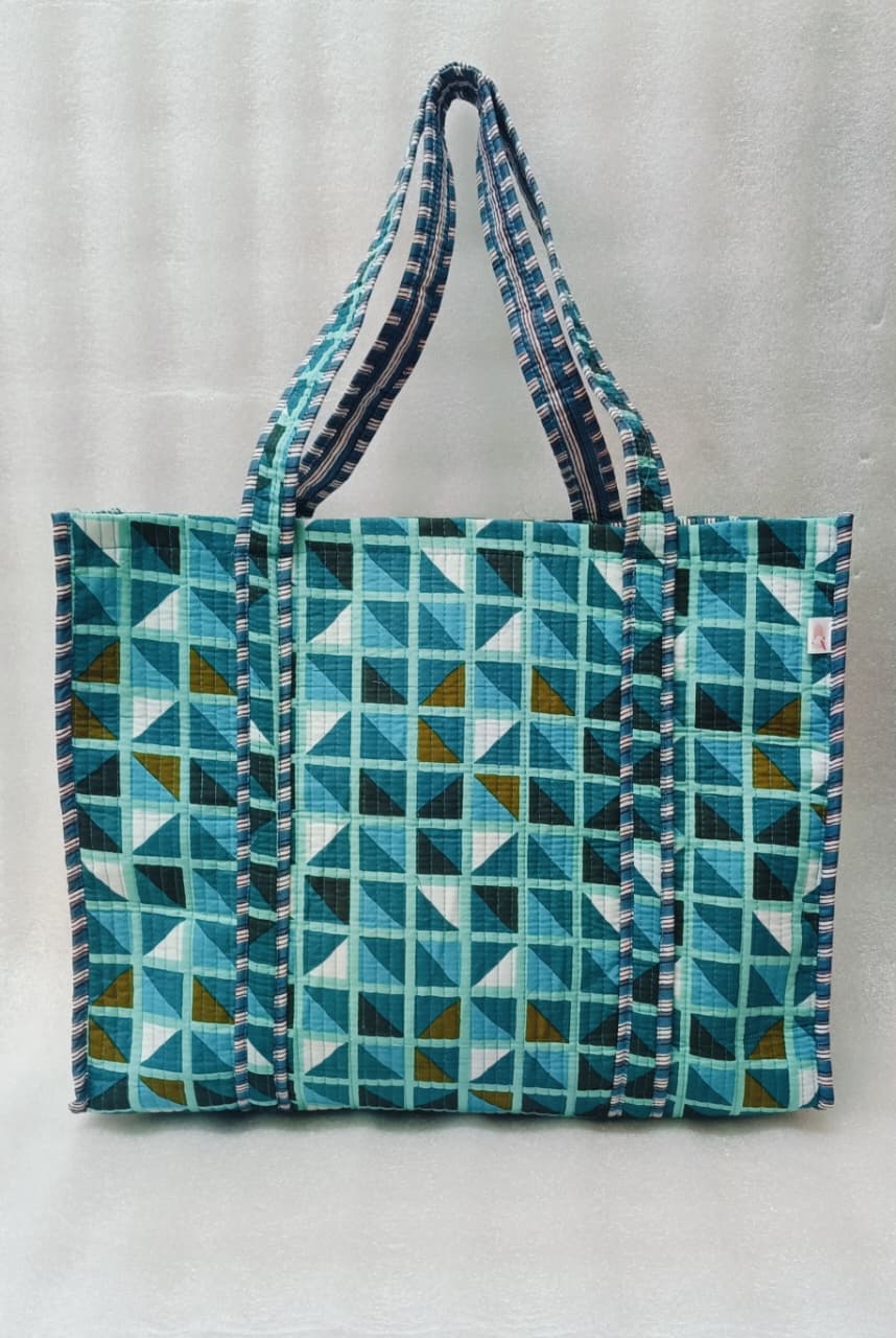 Handblock Printed Quilted Tote Bag without zip/button 17x18x 6 inches