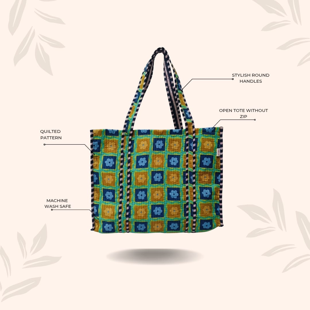 Handblock Printed Quilted Tote Bag without zip/button 17x18x 6 inches