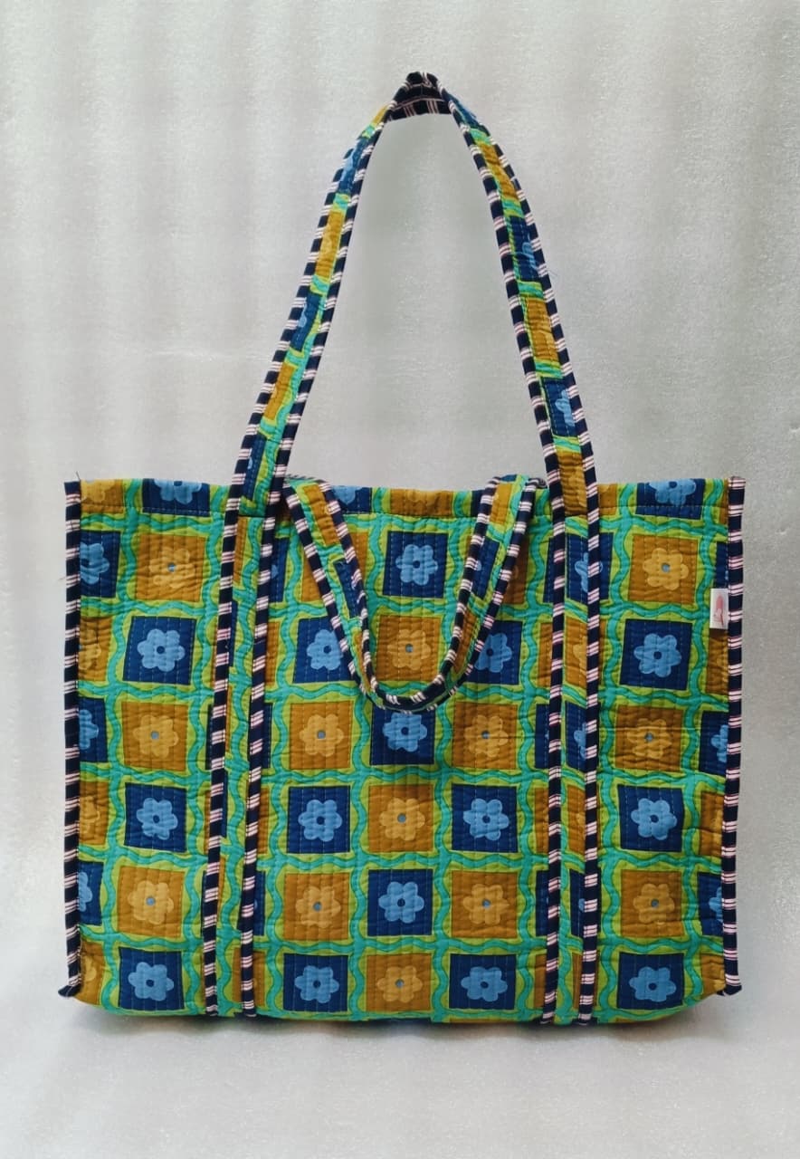 Handblock Printed Quilted Tote Bag without zip/button 17x18x 6 inches