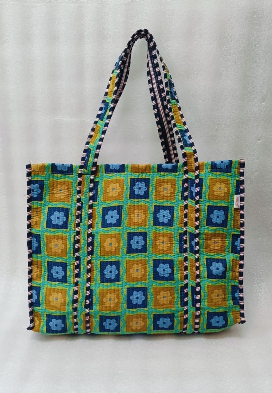 Handblock Printed Quilted Tote Bag without zip/button 17x18x 6 inches