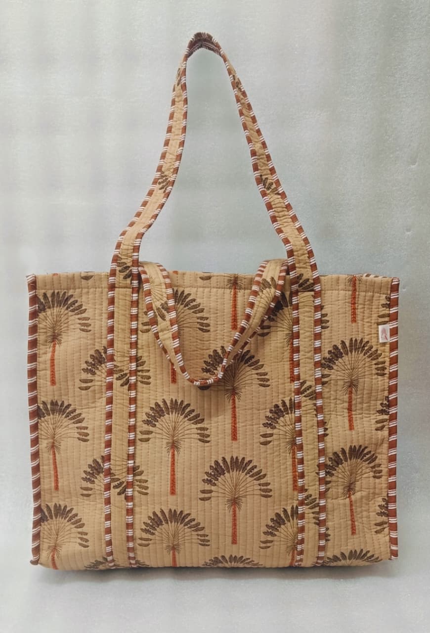 Handblock Printed Quilted Tote Bag without zip/button 17x18x 6 inches