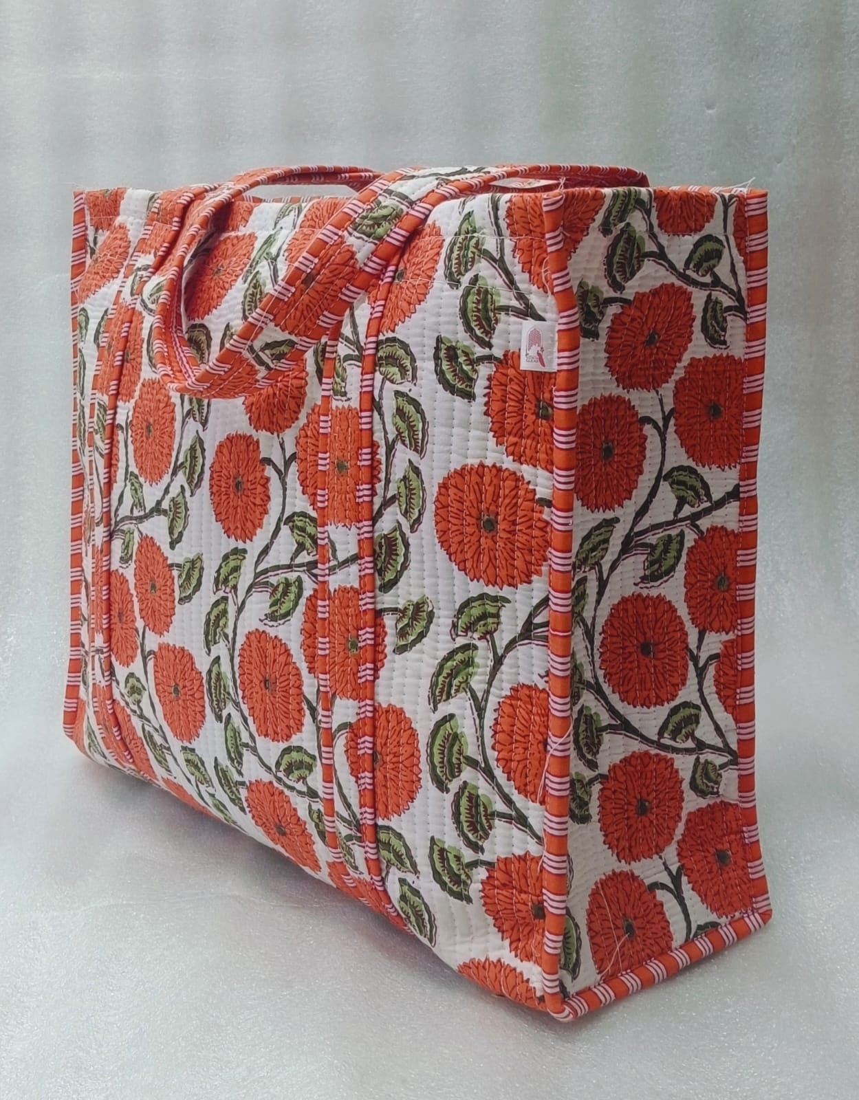 Handblock Printed Quilted Tote Bag without zip/button 17x18x 6 inches