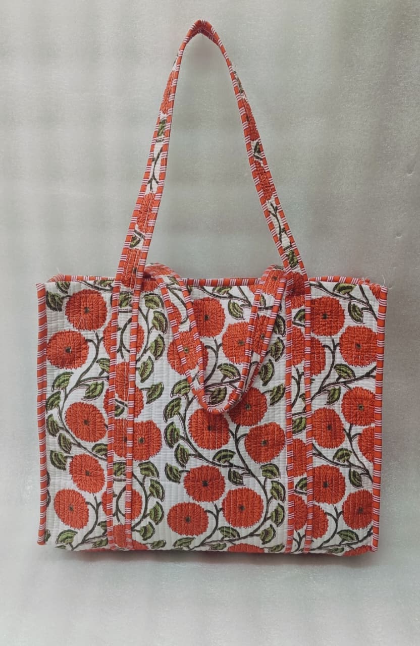 Handblock Printed Quilted Tote Bag without zip/button 17x18x 6 inches