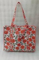 Handblock Printed Quilted Tote Bag without zip/button 17x18x 6 inches