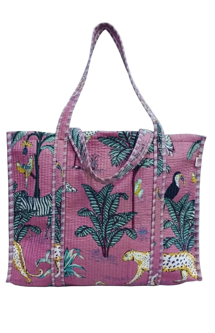 Handblock Printed Quilted Tote Bag without zip/button 17x18x 6 inches