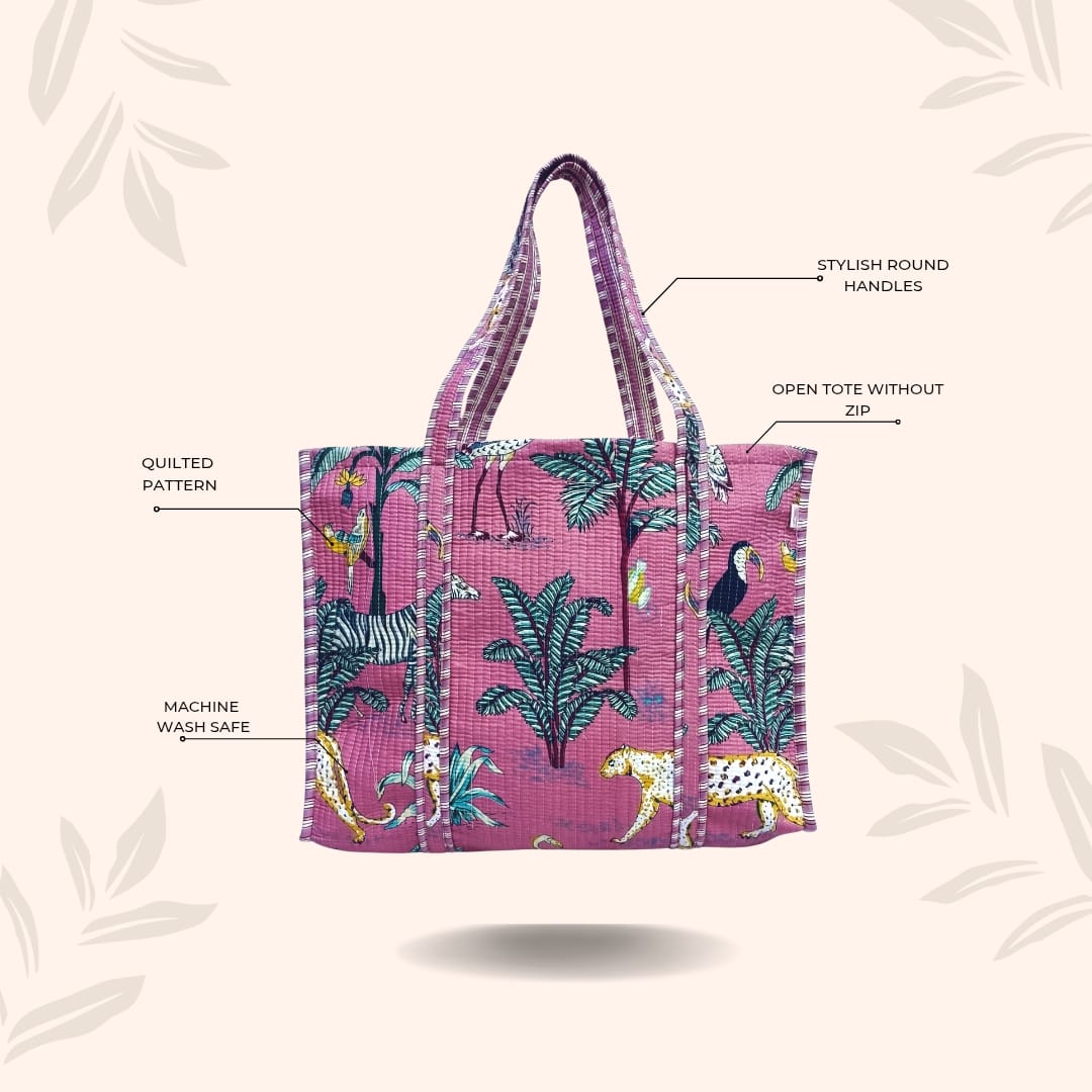 Handblock Printed Quilted Tote Bag without zip/button 17x18x 6 inches