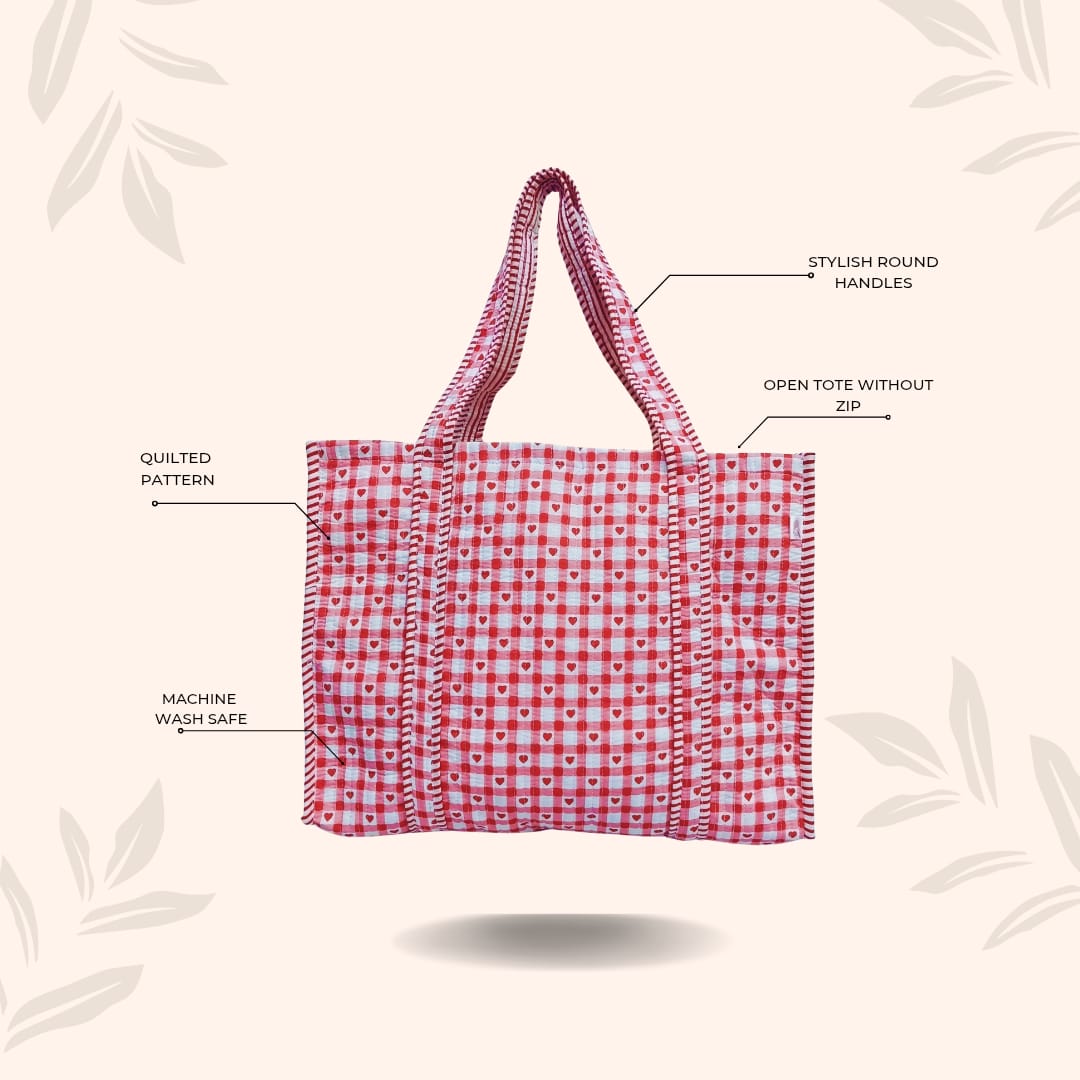 Handblock Printed Quilted Tote Bag without zip/button 17x18x 6 inches