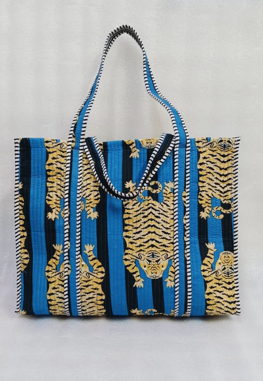 Handblock Printed Quilted Tote Bag without zip/button 17x18x 6 inches