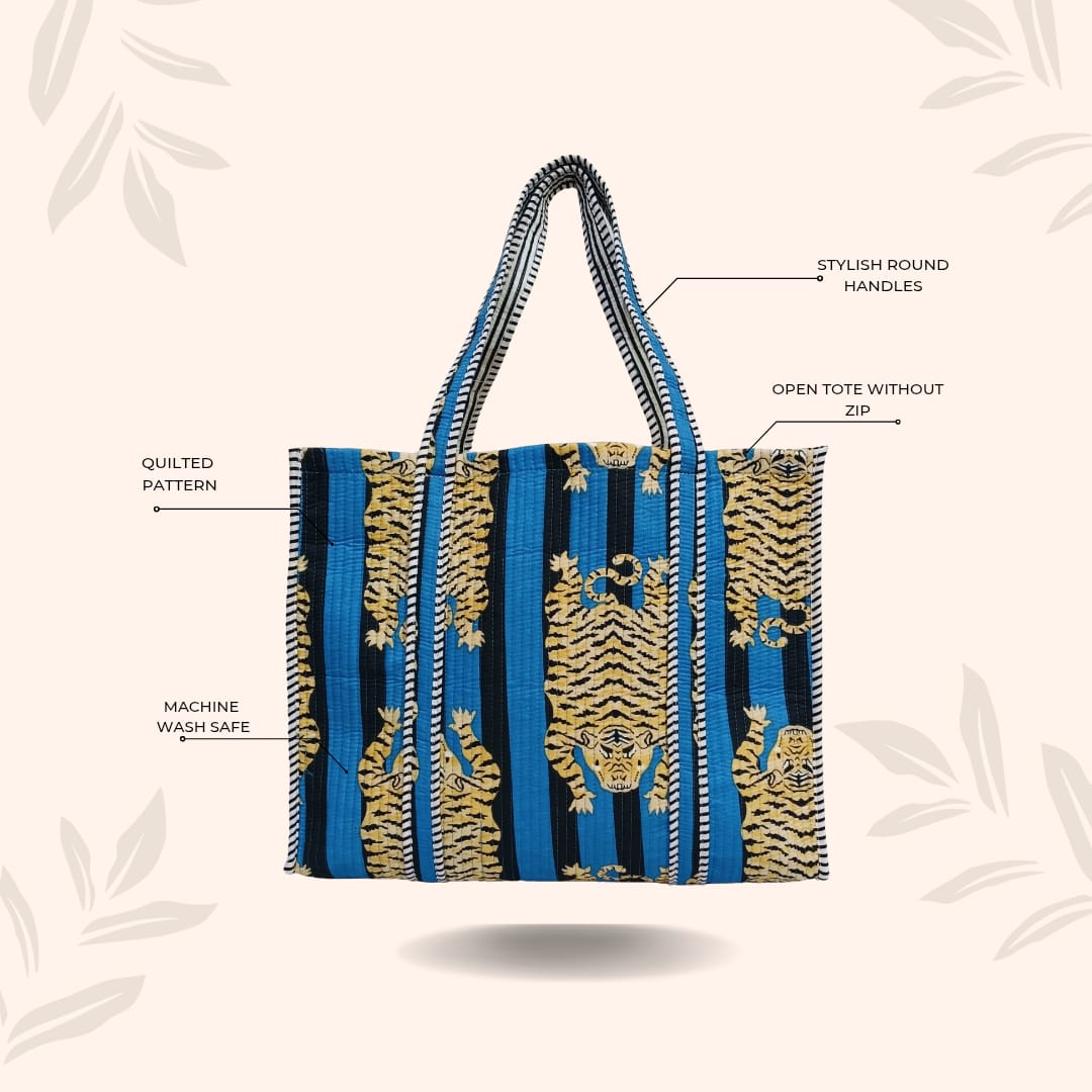 Handblock Printed Quilted Tote Bag without zip/button 17x18x 6 inches
