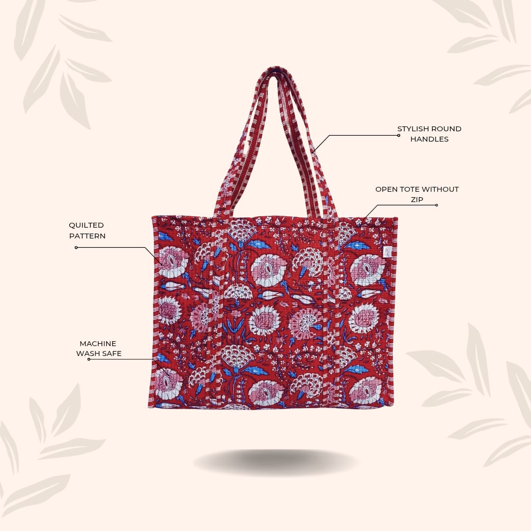 Handblock Printed Quilted Tote Bag without zip/button 17x18x 6 inches