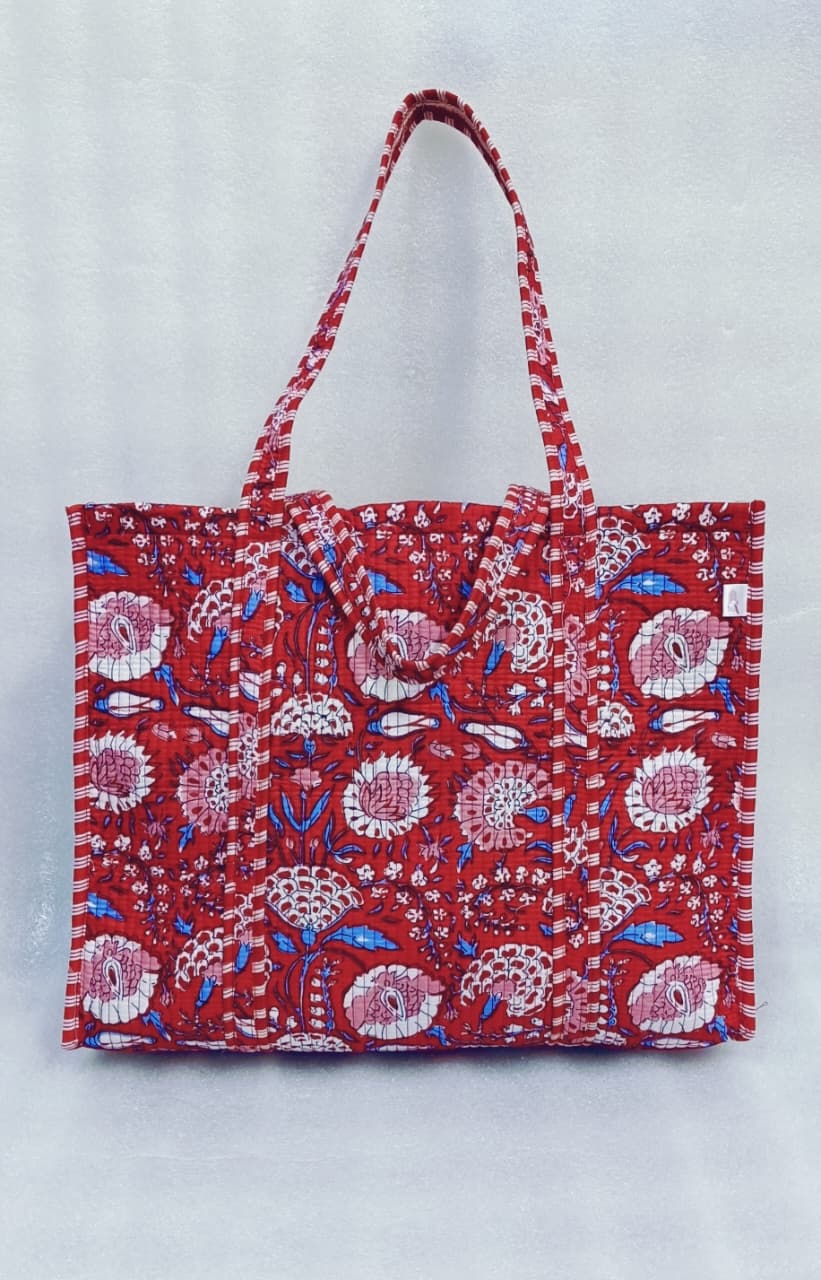 Handblock Printed Quilted Tote Bag without zip/button 17x18x 6 inches