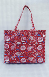 Handblock Printed Quilted Tote Bag without zip/button 17x18x 6 inches