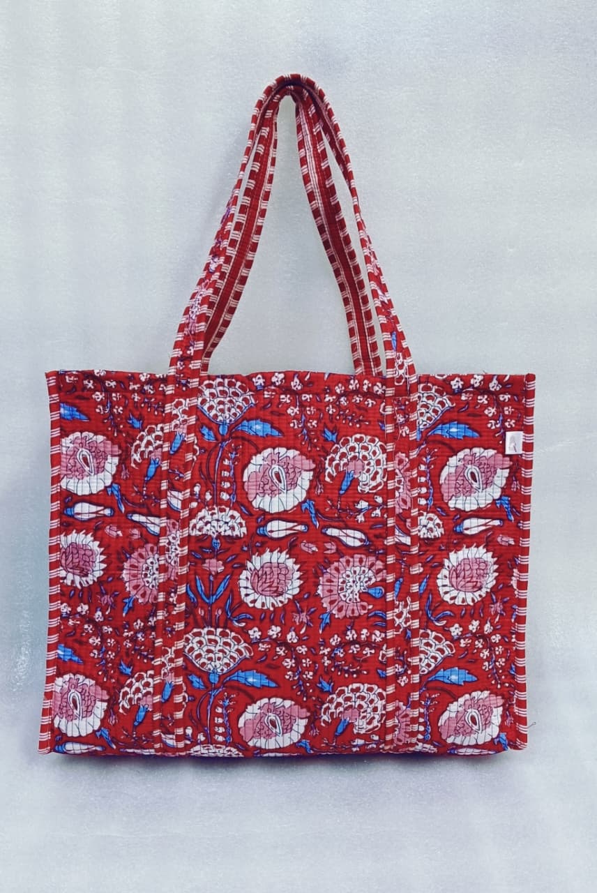 Handblock Printed Quilted Tote Bag without zip/button 17x18x 6 inches