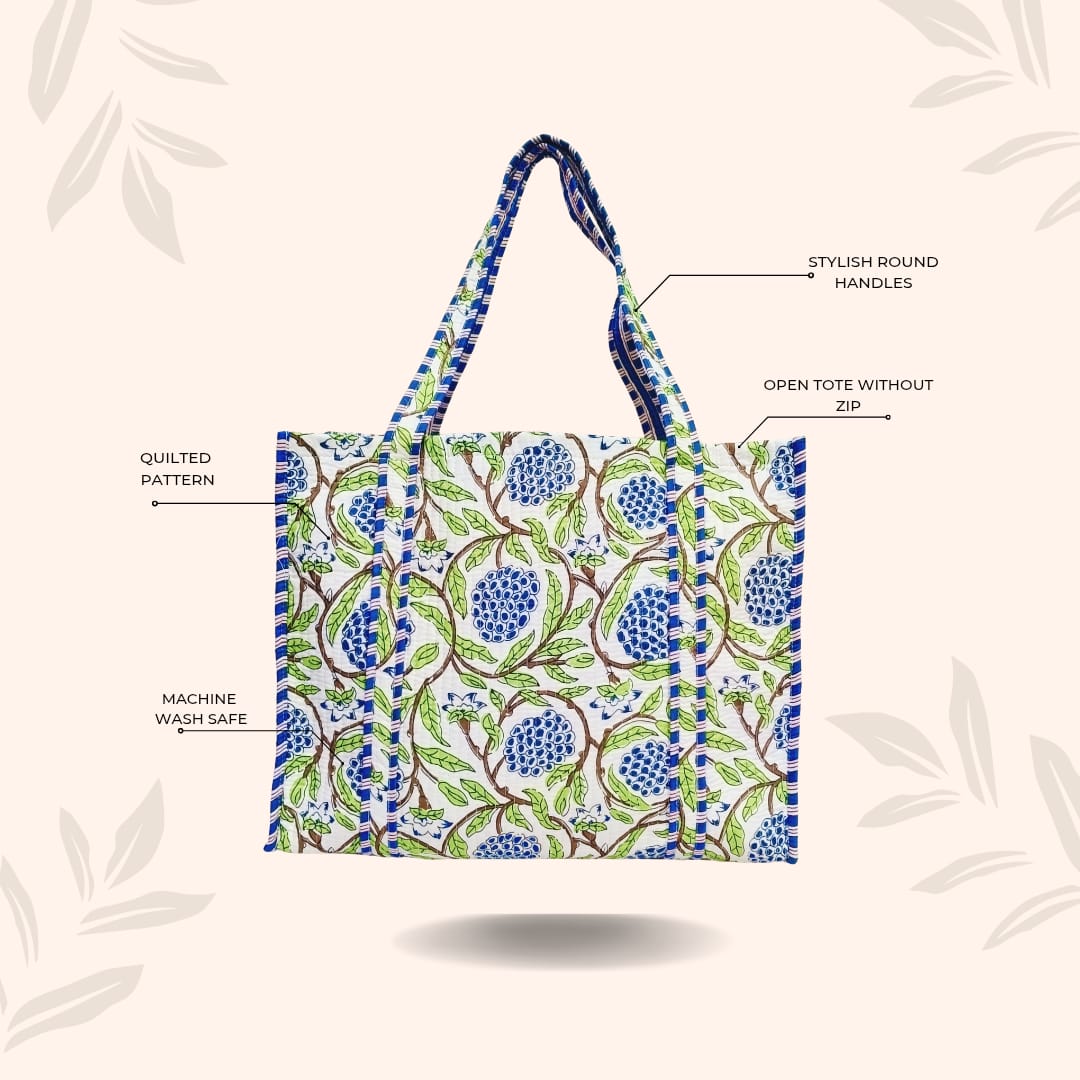 Handblock Printed Quilted Tote Bag without zip/button 17x18x 6 inches