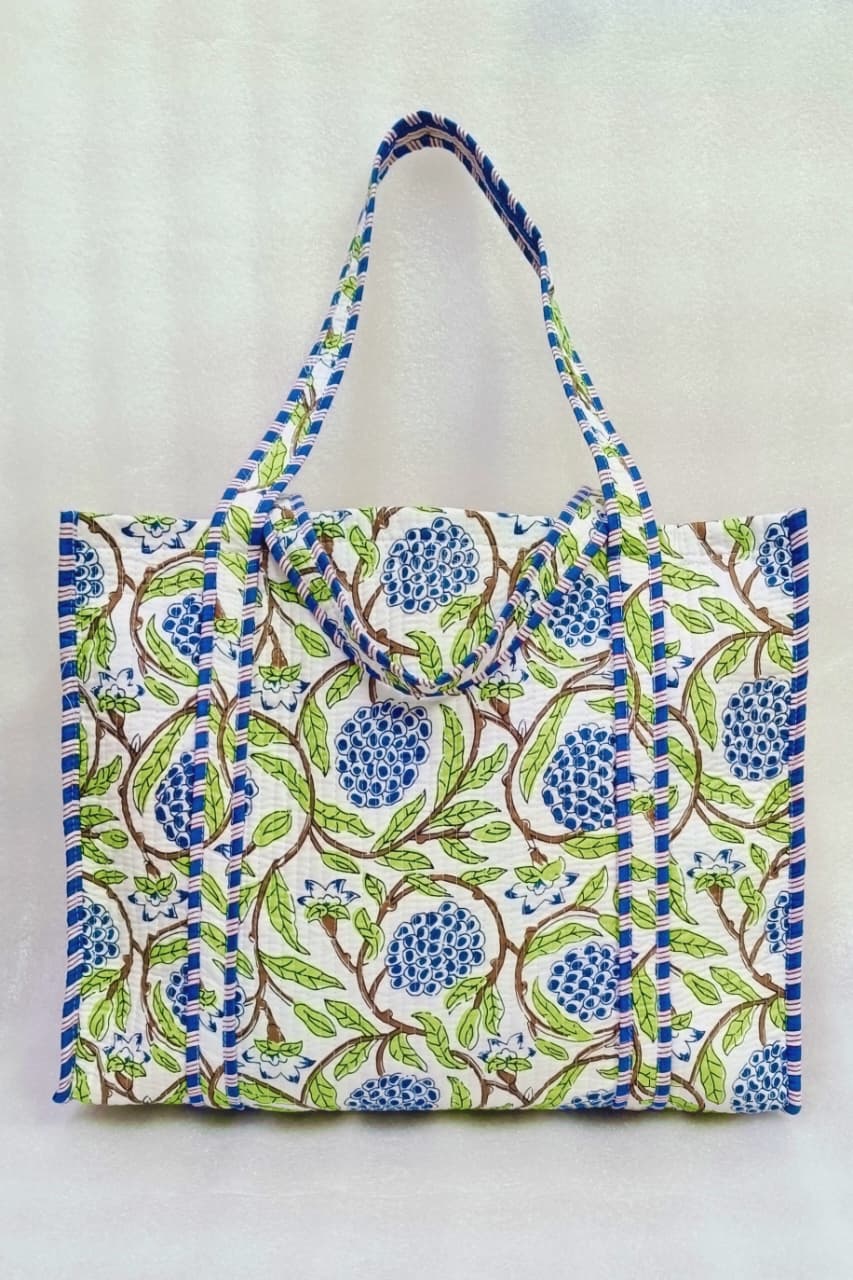 Handblock Printed Quilted Tote Bag without zip/button 17x18x 6 inches