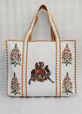 Classic White Block Printed Quilted Tote Bag without zip/button 17x18x 6 inches