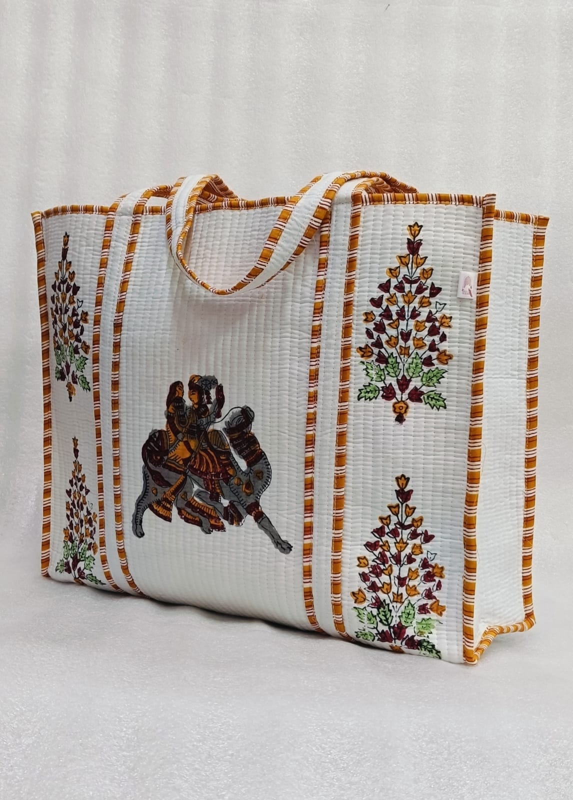 Classic White Block Printed Quilted Tote Bag without zip/button 17x18x 6 inches